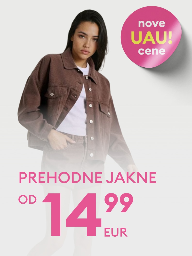 Promocija prehodnih jaken z novo ugodno ponudbo, namenjena spodbujanju nakupa, z začetno ceno od 14,99 EUR.