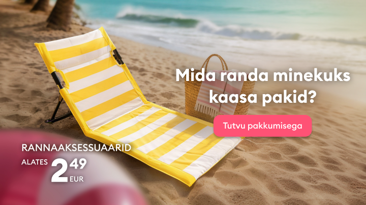 Reklaam, mis kutsub avastama rannatarvikute valikut ja sooduspakkumist suviseks rannapuhkuseks.