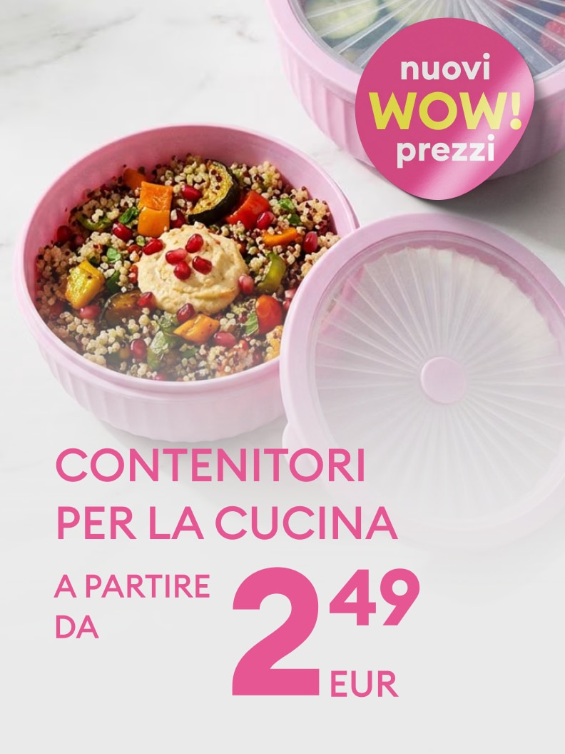 Promozione di contenitori per la cucina pensati per conservare e trasportare i cibi, con offerta a prezzo conveniente per acquisti quotidiani.