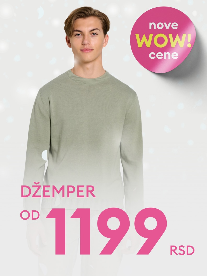 Promotivna ponuda džempera po ceni od 1199 dinara. Tekst na slici ističe nove „WOW!“ cene kao deo kampanje. Džemper je u fokusu kao povoljna opcija za kupovinu.