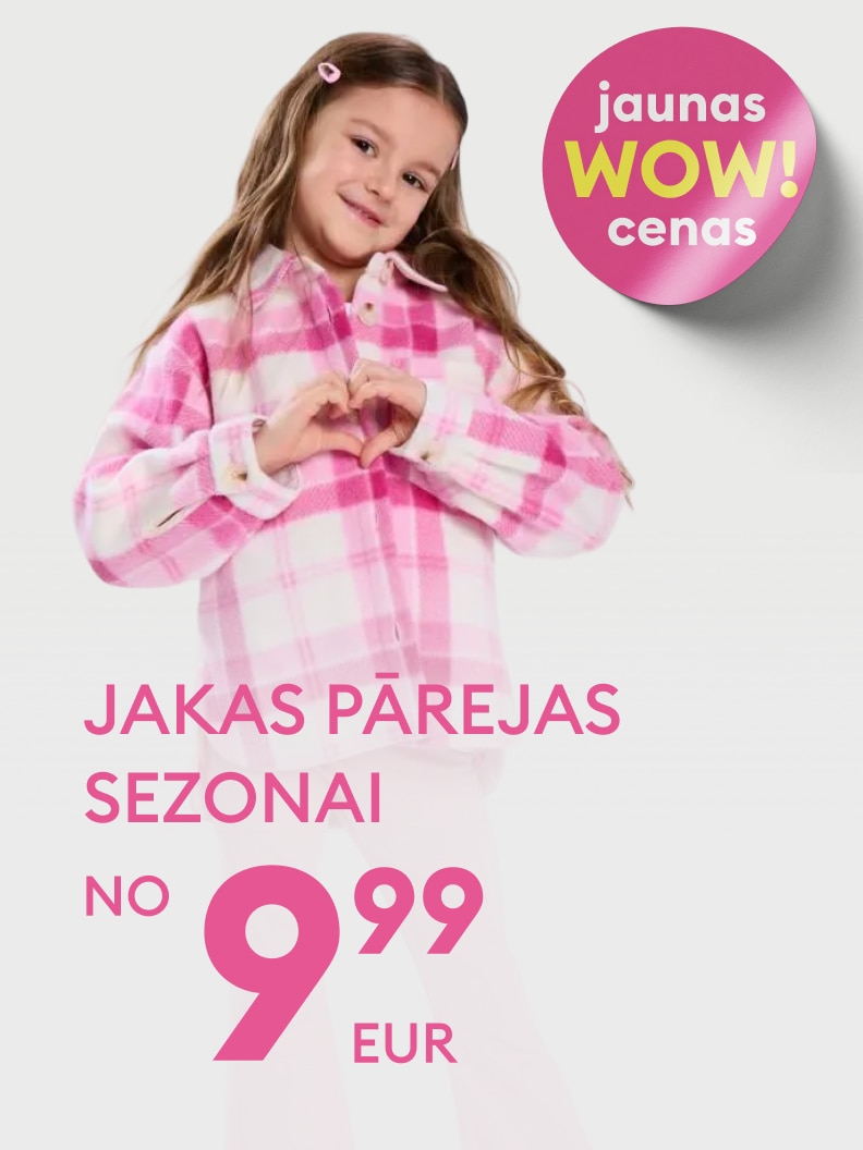 Reklāma par bērnu pārejas sezonas jaku ar īpašu piedāvājumu un izdevīgu cenu, aicinot iegādāties jaunu apģērbu ikdienai.