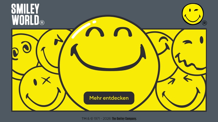 Werbegrafik für Smiley World mit fröhlichen Smileys und Hinweis auf weitere Inhalte oder Produkte entdecken