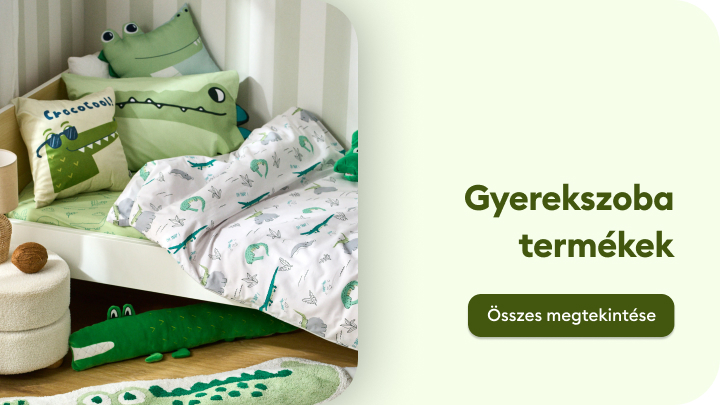 Gyerekszoba termékkollekció krokodil mintával. Az ágynemű, párnák és dekorációs elemek játékos, vidám hangulatot teremtenek a gyerekeknek. Fedezd fel a teljes gyűjteményt a gomb megnyomásával.