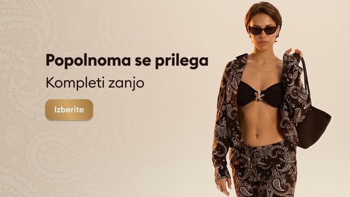 Promocija ženskih kompletov oblačil, ki poudarjajo prileganje in slog ter spodbujajo izbiro ustreznega kompleta.
