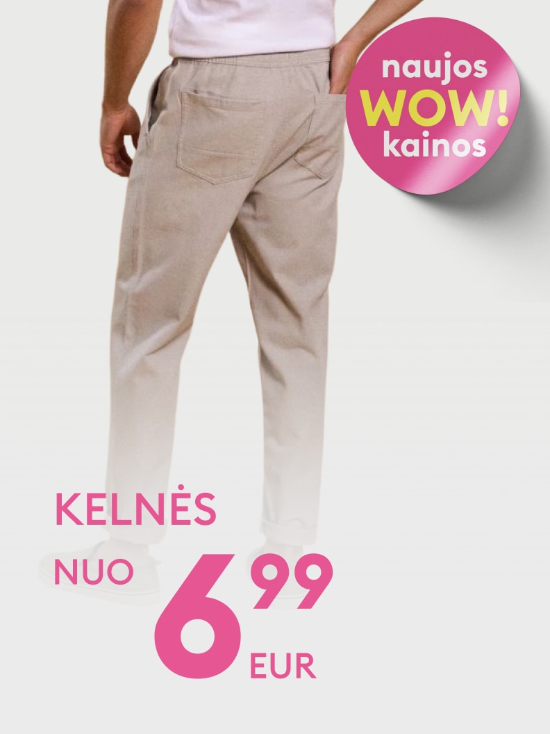 Vyriškų kelnių pasiūlymas su naujomis akcijinėmis kainomis, kelnės parduodamos nuo 6,99 EUR.