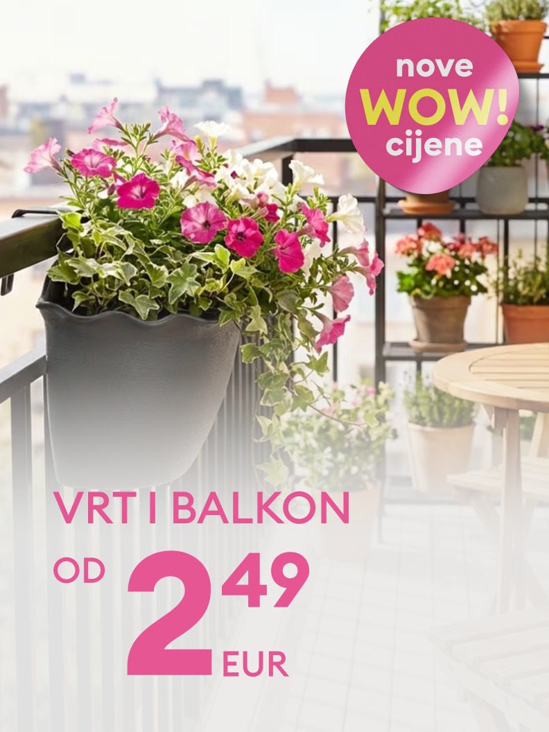 Promotivna poruka o povoljnim artiklima za vrt i balkon, s naglaskom na nove akcijske cijene i početnu cijenu od 2,49 EUR.