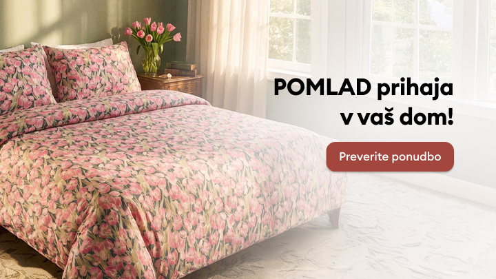 "Udobna posteljnina z vzorcem tulipanov prinaša pomlad v vaš dom. Poleg postelje je postavljena vaza s cvetjem. Preverite ponudbo in prinesite svežino v svoje spalne prostore."