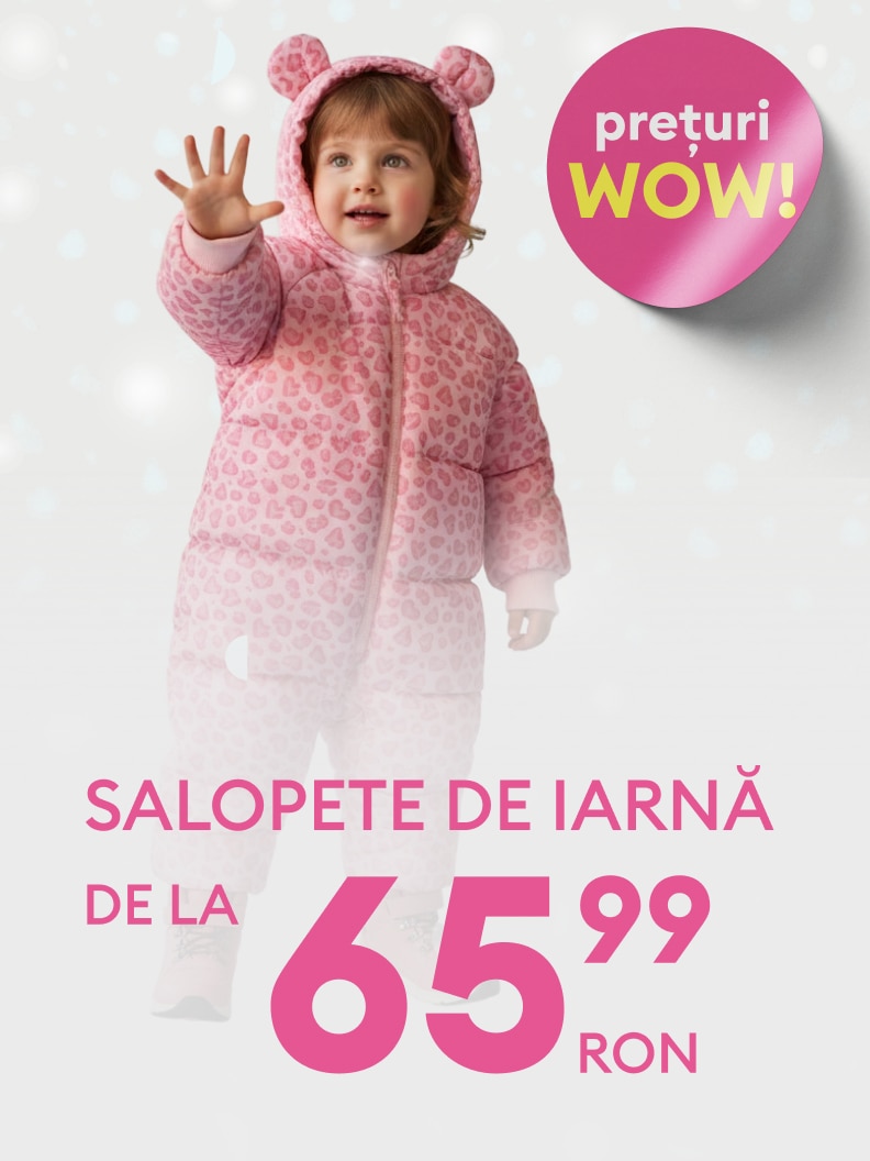 Salopete de iarnă disponibile de la 65,99 RON. Descoperiți oferte speciale la prețuri WOW pentru îmbrăcămintea copiilor, concepută pentru confort și căldură în sezonul rece. Perfecte pentru joacă în aer liber sau plimbări în zilele răcoroase.