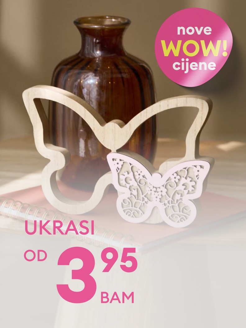 Promotivna ponuda dekorativnih ukrasa za dom, naglašava novu povoljnu cijenu i potiče kupovinu.