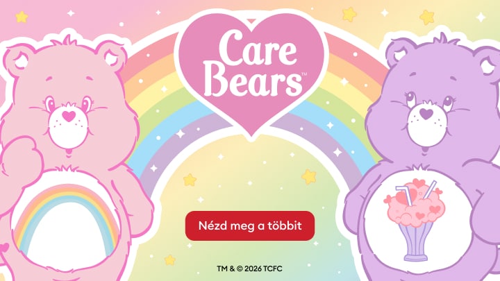 Care Bears figurák vidám, gyerekeknek szóló kollekciójának népszerűsítése szivárványos motívummal és játékos hangulattal