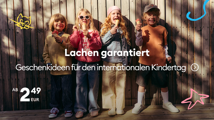 Werbebanner mit Geschenkideen zum Internationalen Kindertag, der Freude und gemeinsames Lachen vermittelt und auf preiswerte Produkte für Kinder aufmerksam macht.