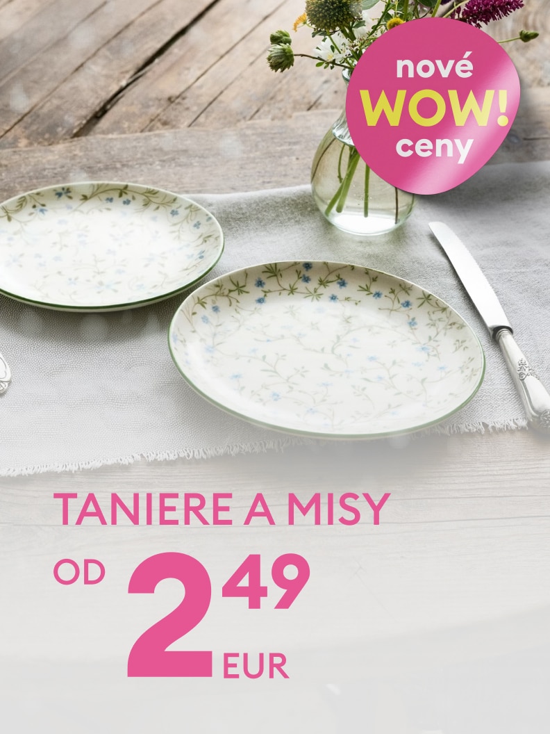 Tanier a misa dostupné od ceny 2,49 EUR. Ponuka s novými výhodnými cenami. Na obrázku je tanier a misa s jemným kvetinovým vzorom umiestnené na stole. K dispozícii sú tiež nožík a sklenená váza s kvetmi. Skvelá príležitosť pre vašu domácnosť!