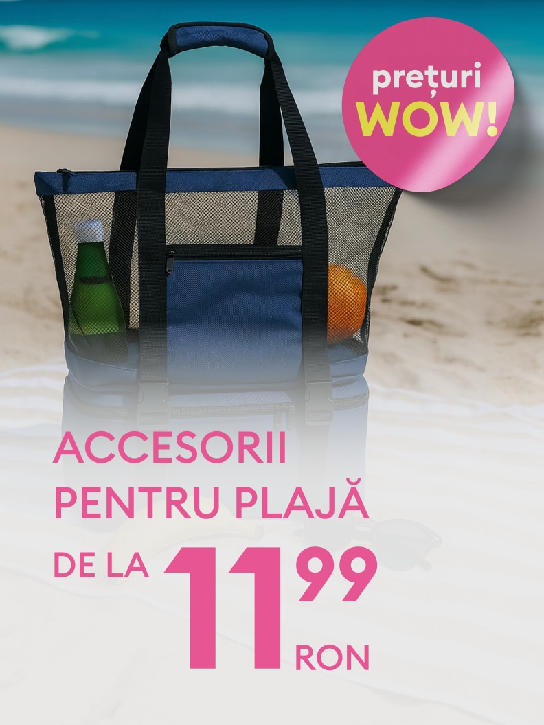 Promovare de accesorii pentru plajă, comunicând o ofertă specială cu prețuri avantajoase pentru sezonul estival.