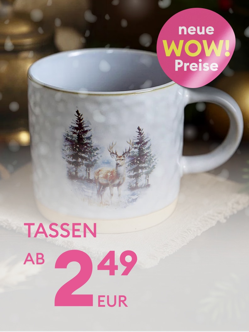 Neue Werbeaktion mit WOW-Preisen: Tassen mit winterlichem Hirsch- und Waldmotiv ab 2,49 Euro. Perfekt für gemütliche Momente in der kalten Jahreszeit. Erhältlich in Geschäften oder online.