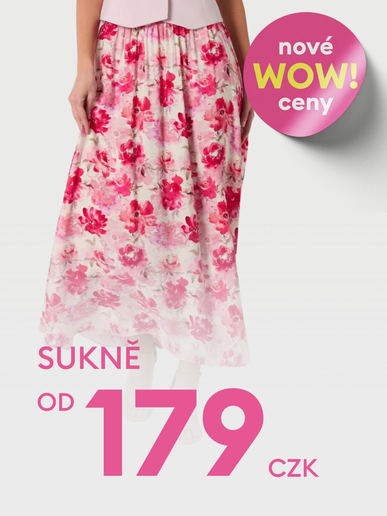Reklamní sdělení propagující dámské sukně v akci s výrazně sníženou cenou, dostupné již od 179 Kč.