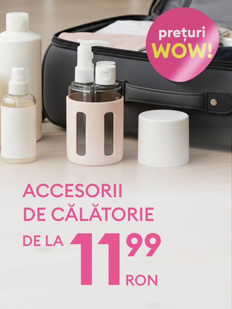 Ofertă promoțională pentru accesorii de călătorie, cu prețuri reduse ce încep de la 11,99 RON.