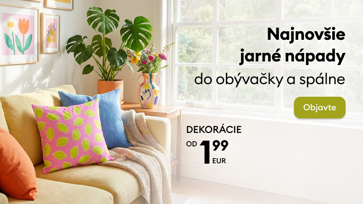 Propagačný banner predstavujúci nové jarné inšpirácie na dekorovanie obývačky a spálne s cenovo dostupnými dekoráciami a výzvou na preskúmanie ponuky.