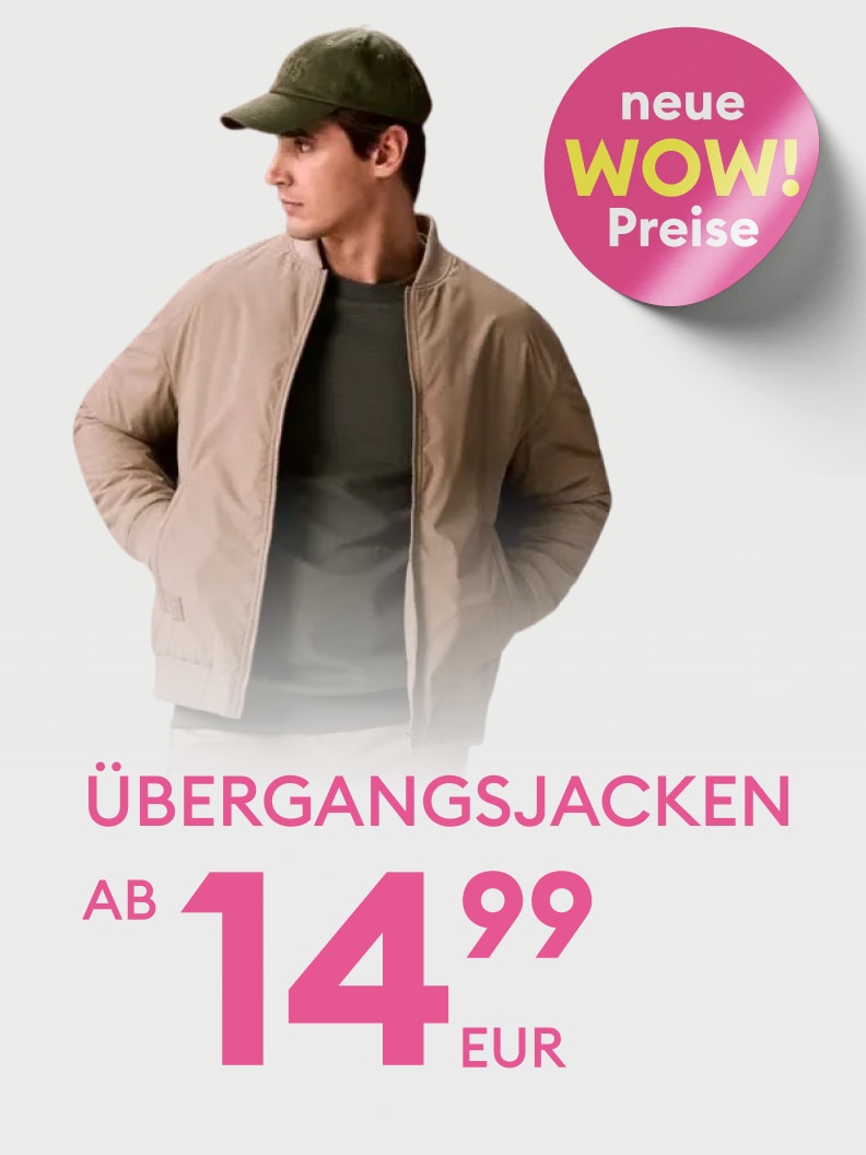 Werbebotschaft für Übergangsjacken mit neuen Sonderpreisen ab 14,99 EUR, um auf ein günstiges Angebot im Sortiment aufmerksam zu machen.