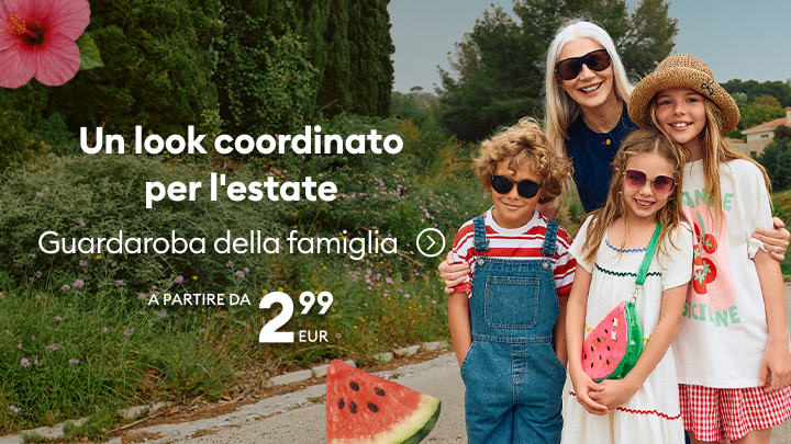 Promozione di abbigliamento coordinato estivo per tutta la famiglia, pensata per ispirare outfit abbinati per adulti e bambini, con proposta conveniente a partire da un prezzo base.
