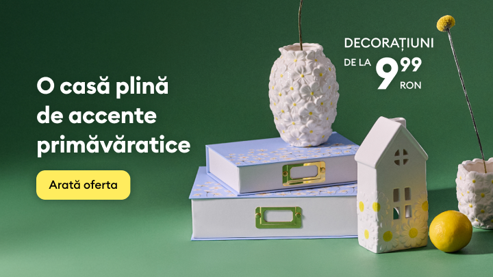 Promovare decorațiuni pentru casă cu accente de primăvară, evidențiind o ofertă cu preț de pornire accesibil pentru reîmprospătarea decorului interior.