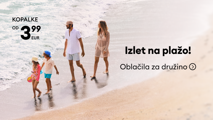 Promocija družinskega izleta na plažo z ugodno ponudbo poletnih oblačil za vso družino, vključno s kopalkami od 3,99 EUR.