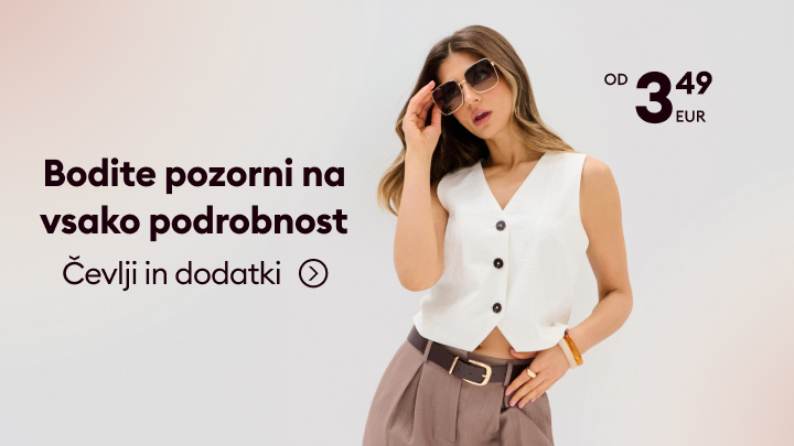 Promocija modne ponudbe, ki uporabnika usmerja k nakupu čevljev in dodatkov, z izpostavljeno izhodiščno ceno 3,49 EUR.