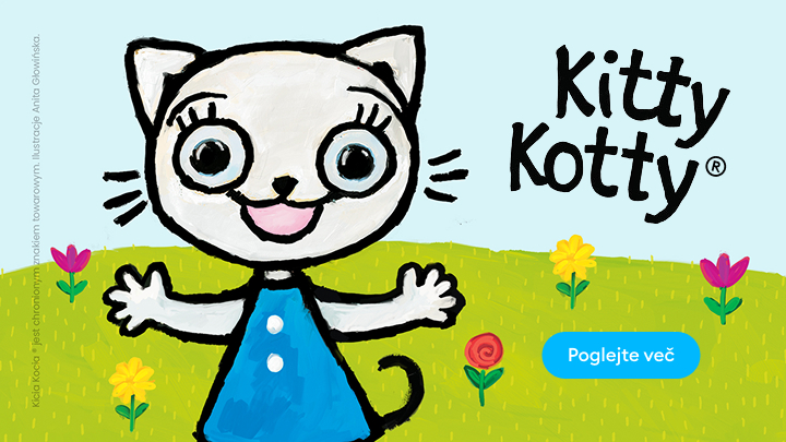 Prisrčna mačka Kitty Kotty stoji na travniku, obkrožena z živobarvnimi cvetovi, in se veselo smeji. Vabi vas k raziskovanju njenega sveta in doživetjem, ki jih prinaša. Gumb z napisom "Poglejte več" omogoča več informacij o Kitty Kotty in njenih dogodivščinah.
