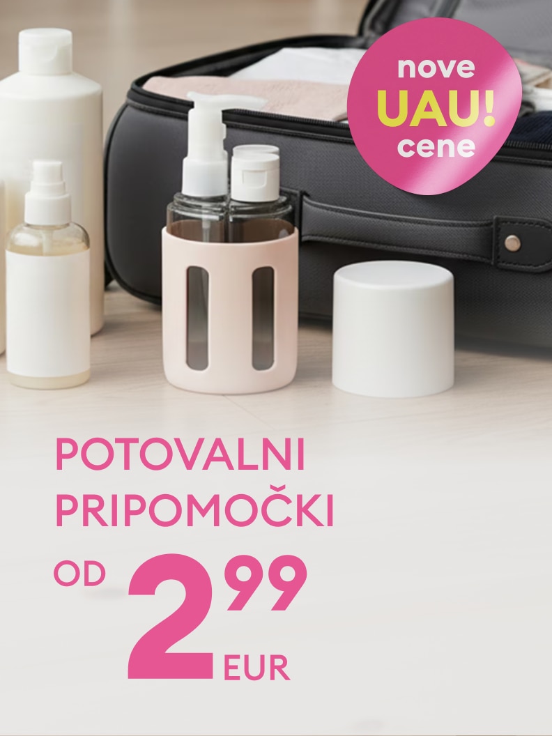Promocija potovalnih pripomočkov za pakiranje in osebno nego z novimi, ugodnimi cenami od 2,99 EUR.