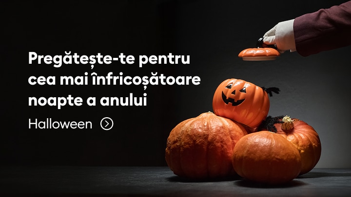 Promovare pentru Halloween cu dovleci decorativi și atmosferă înfricoșătoare pentru pregătirea celei mai înfricoșătoare nopți a anului