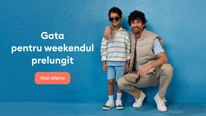 Promovare colecție de îmbrăcăminte casual pentru adult și copil, potrivită pentru un weekend prelungit, cu scopul de a încuraja descoperirea ofertei disponibile.