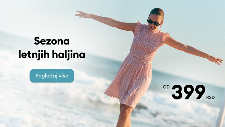 Promocija sezone letnjih haljina za svakodnevno nošenje, sa naglašenom povoljnom ponudom i početnom cenom od 399 RSD.