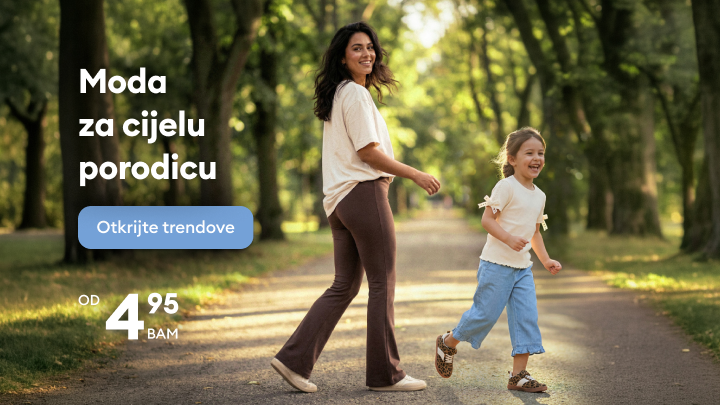 Promotivna poruka o povoljnoj modi za cijelu porodicu, prikazuje odraslu osobu i dijete u svakodnevnoj odjeći kako bi se istakla ponuda za zajedničke aktivnosti.