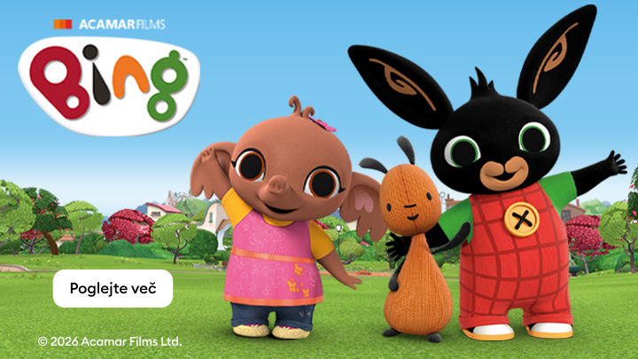 Promocija otroške animirane serije Bing z glavnimi liki, namenjena spodbujanju ogleda vsebin.