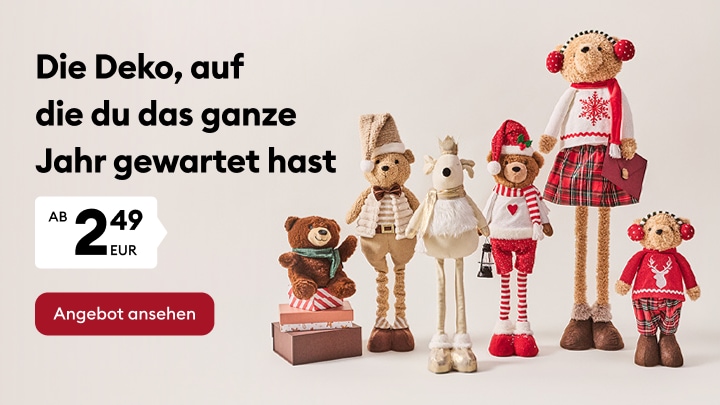Weihnachtliche Dekorationsfiguren und Kuscheltiere als saisonales Wohnaccessoire ab 2,49 EUR erhältlich