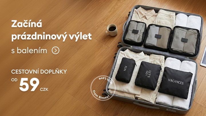 Cestovní doplňky Sinsay pro snadnější balení a organizaci zavazadla na prázdninový výlet.