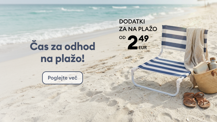 Promocijski oglas vabi k nakupu dodatkov za na plažo z ugodno izhodiščno ceno od 2,49 EUR in spodbuja ogled ponudbe pred poletnim oddihom.