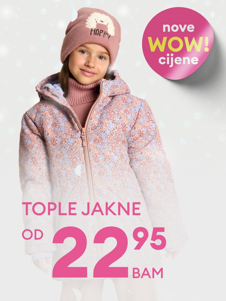 Topla zimska jakna za djecu, dostupna po promotivnoj cijeni od 22,95 BAM. Na slici prikazana reklama s tekstom koji poziva na kupovinu uz nove WOW cijene. Jakna je prikladna za hladnije dane, obezbjeđuje toplinu i udobnost.