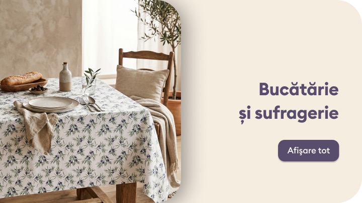 Colecție pentru bucătărie și sufragerie cu textile și accesorii pentru amenajarea mesei și a spațiului de luat masa