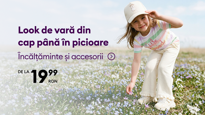 Promovare look de vară pentru copii, cu încălțăminte și accesorii, disponibile la prețuri accesibile, de la 19,99 RON.