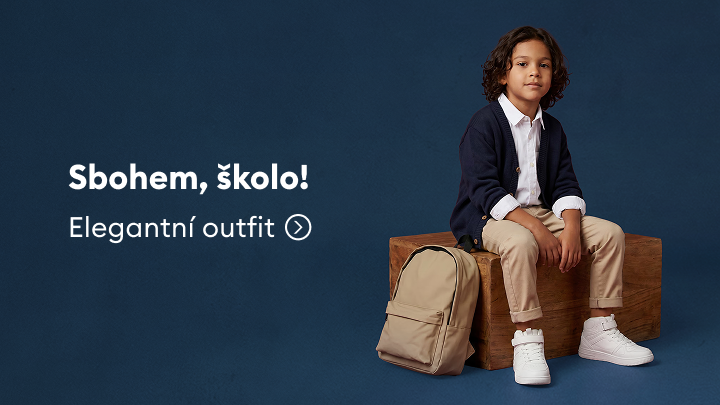 Propagace elegantního školního outfitu pro chlapce na začátek školního roku.