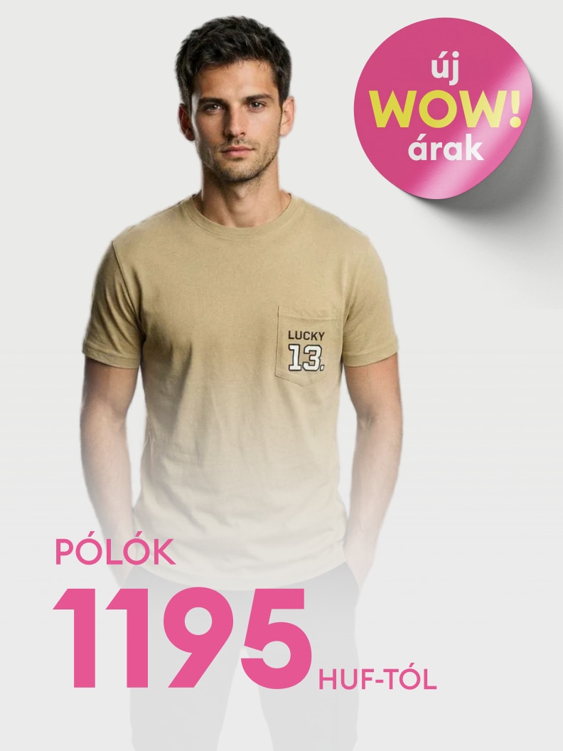 Férfi pólók promóciója új, kedvező árakkal, a termékkategória kiemelésére és a vásárlás ösztönzésére.