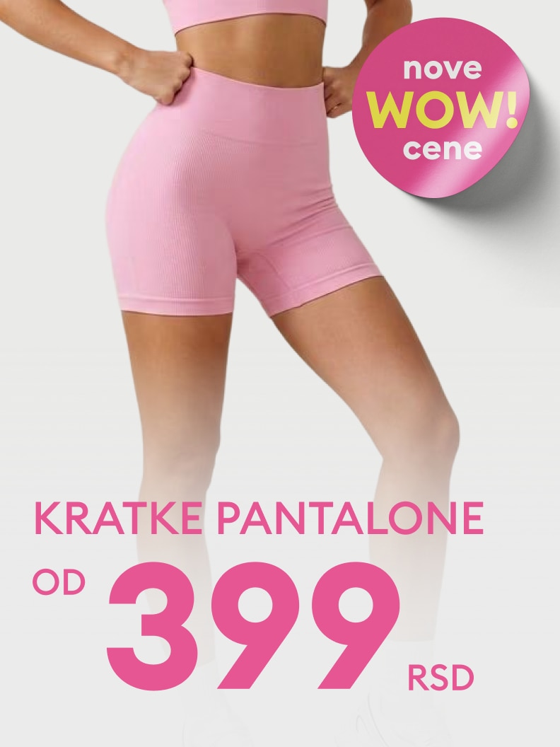 Promotivna ponuda ženskih kratkih pantalona, ističe novu povoljnu cenu kao deo akcije za privlačenje kupaca.