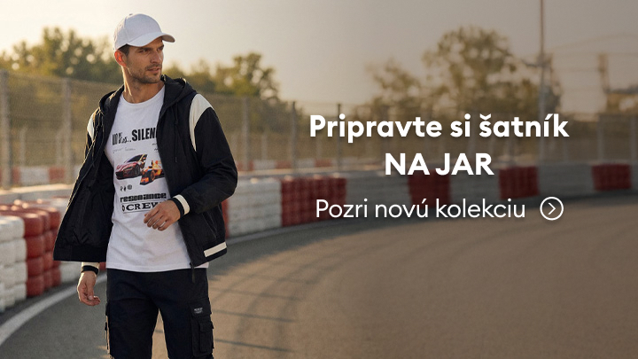 Pripravte si šatník na jar s novou kolekciou oblečenia. Text vyzýva k prehliadnutiu novej kolekcie. Scéna sa odohráva na vonkajšej dráhe.