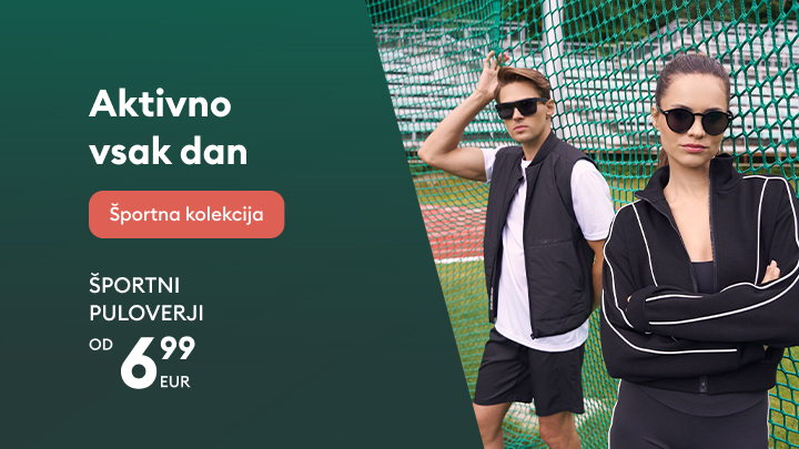 Aktivno vsak dan – športna kolekcija. Na sliki nosijo športne puloverje, ki so na voljo od 6,99 EUR. Oglas spodbuja vsakodnevno aktivnost in udobno športno garderobo.