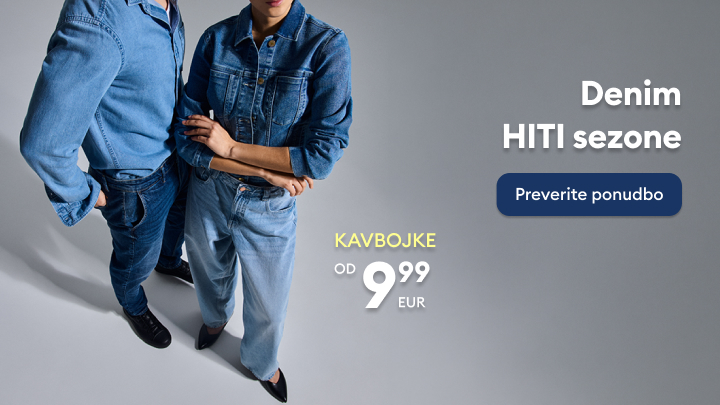 Promocija sezonske ponudbe džinsa za ženske in moške, poudarja kavbojke po ugodni začetni ceni ter spodbuja k ogledu celotne ponudbe.