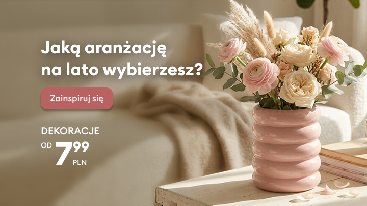 Baner promocyjny zachęcający do wyboru letniej aranżacji wnętrza i odkrycia dekoracji do domu w atrakcyjnej, promocyjnej ofercie.