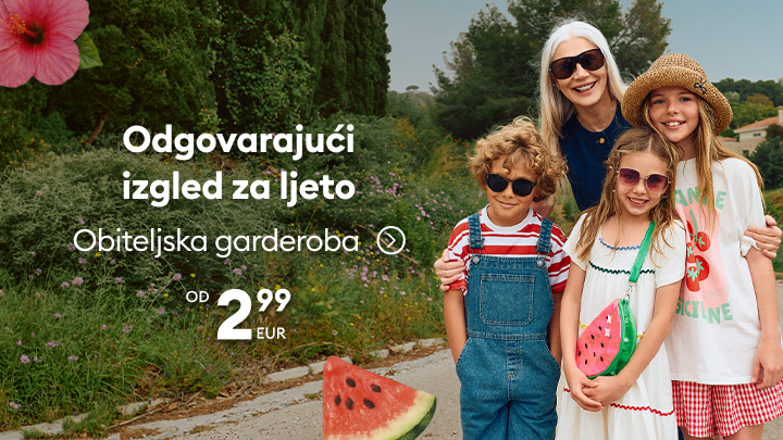 Promocija ljetne obiteljske garderobe s usklađenim outfitima za djecu i odrasle, naglašavajući dostupnost po cijenama od 2,99 EUR.