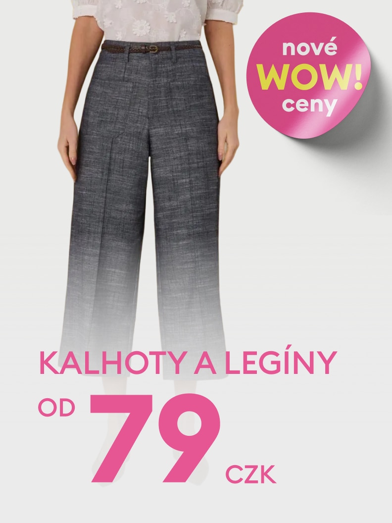 Propagace nabídky dámských kalhot a legín s akčními, výrazně sníženými cenami, upozorňující na výhodný nákup od dostupné částky.