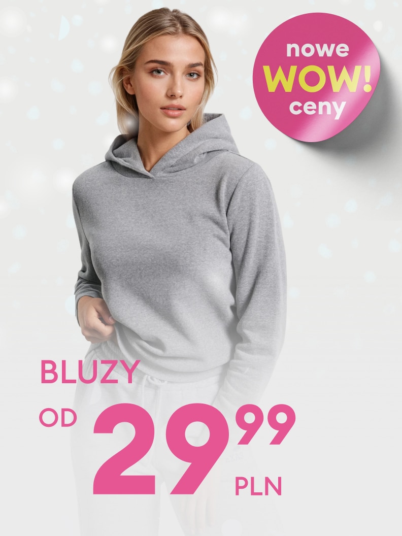 Promocja na bluzy dla kobiet. Ceny zaczynają się od 29,99 zł. Obok znajduje się różowy okrągły napis 