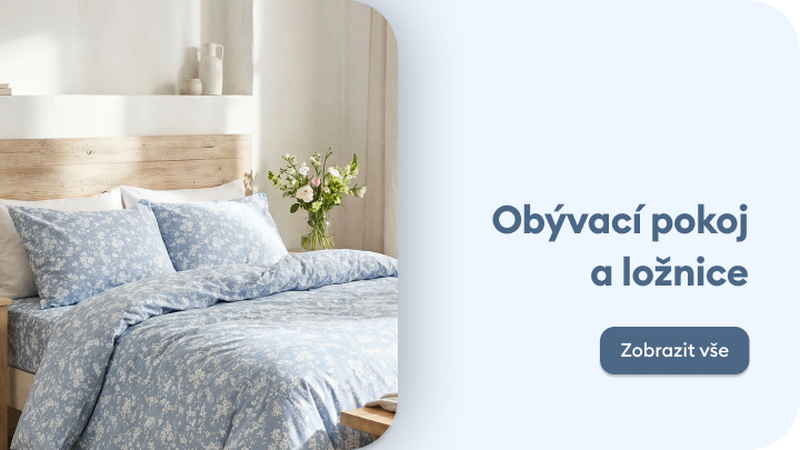 Propagace sortimentu bytového vybavení a textilií pro obývací pokoj a ložnici, zaměřená na inspiraci k vytvoření pohodlného a útulného domova.